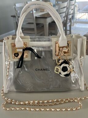 Custom Upcycled Chanel Beauté Clear Bag w Authentic Charms, Ribbon & Makeup Bag